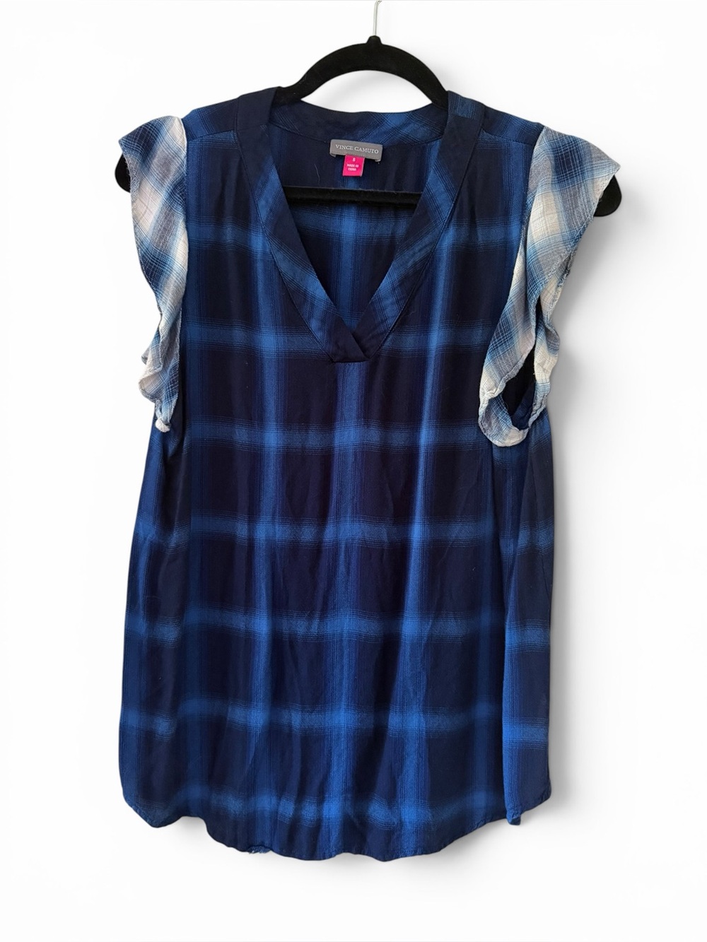 Vince Camuto Navy Plaid Flutter-Sleeve V-Neck Blouse size M